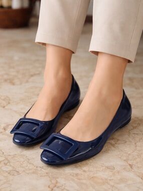 Roger Vivier Gommetine Blue Patent Leather Square Buckle Ballet Flats